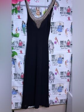 bebe Black Maxi Dress with Gold Beaded Neckline